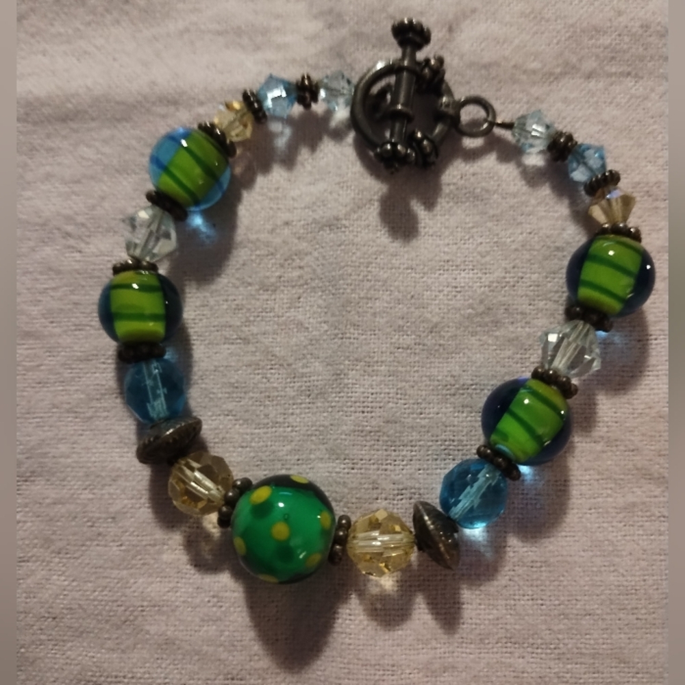 Elegant Green and Blue Lamp work Glass Beaded Bracelet 925 Toggle Fastener